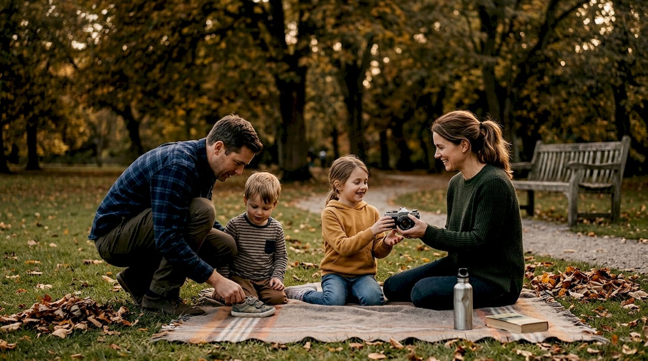 Une famille profite d’un shooting photo original en plein cœur du parc.