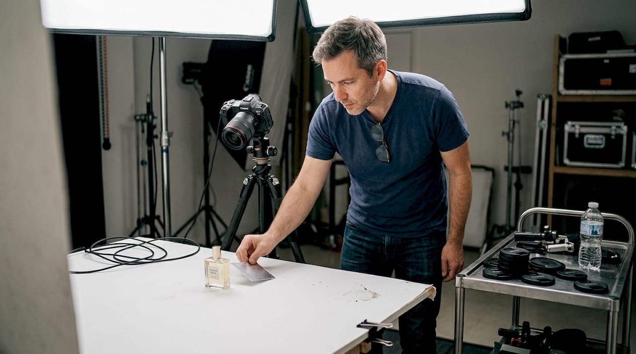 Un photographe s’installe en studio pour réaliser des photos packshot, ajustant éclairages et accessoires afin de mettre en valeur les produits.