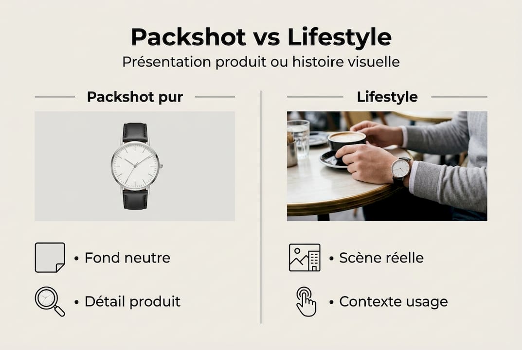 Visuel explicatif : comprendre la différence entre packshot et photo lifestyle