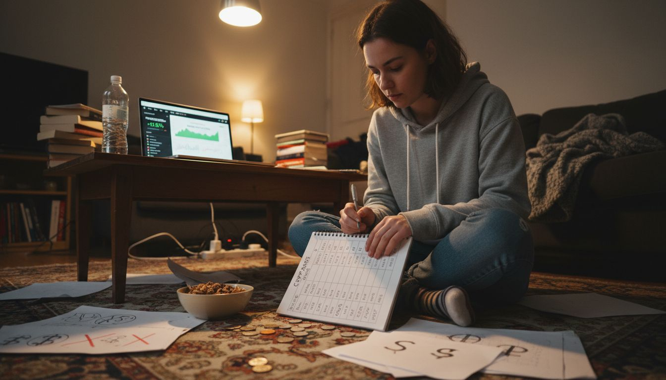 Young woman building crypto portfolio at home
