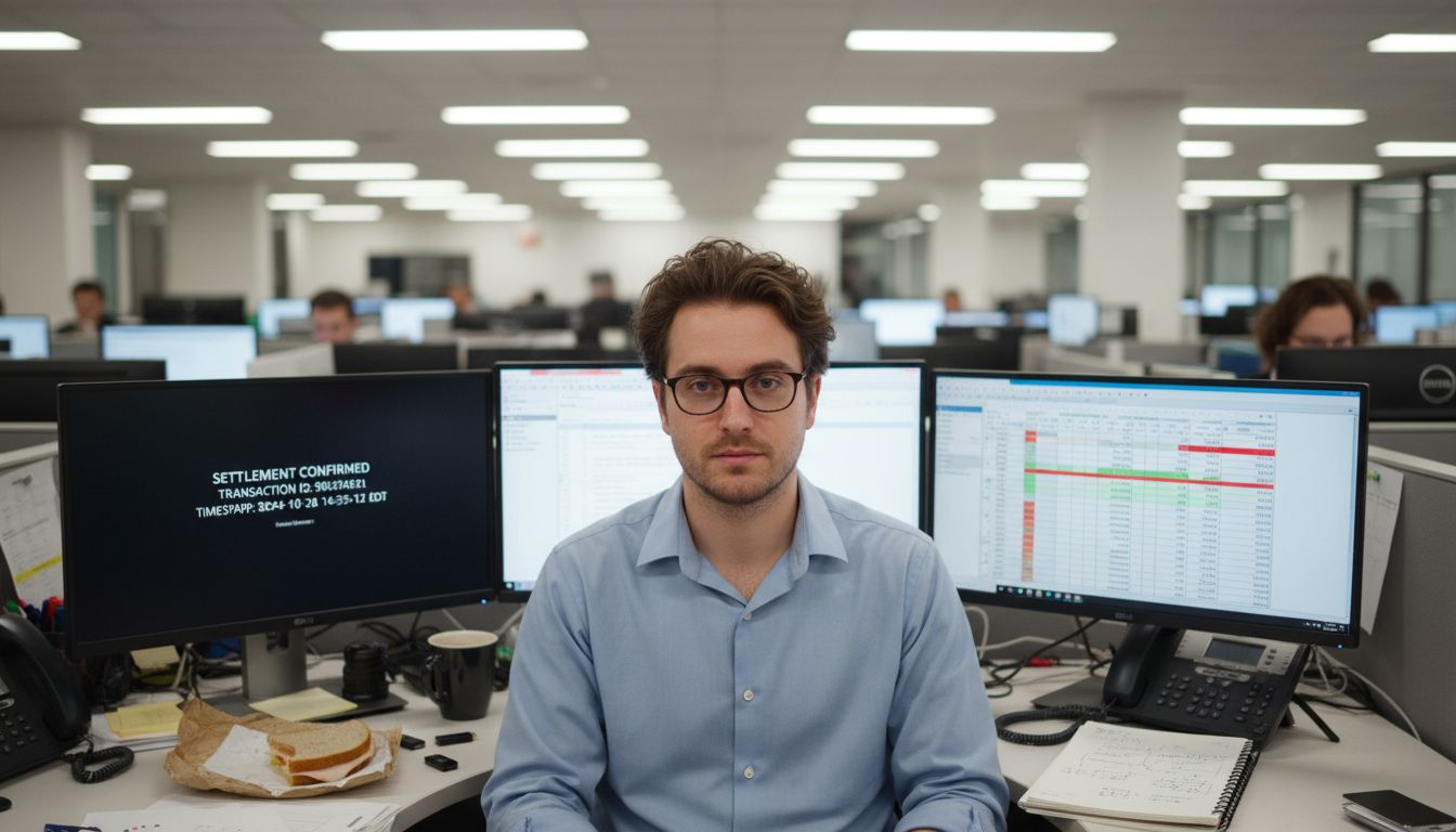 Blockchain Adoption Benefits: 41% ROI & Instant Settlements 1 Analyst verifying instant blockchain settlements