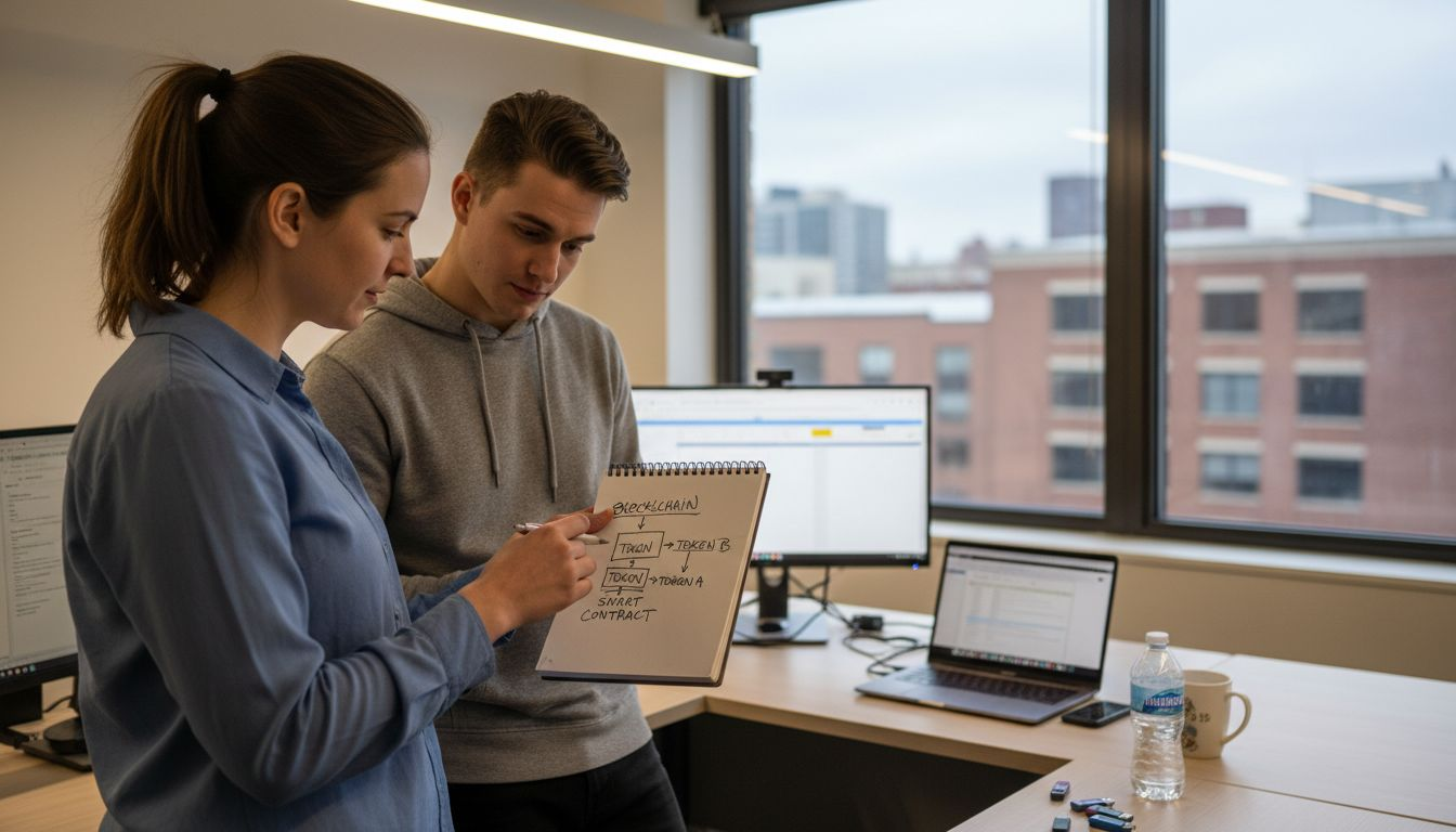 What Is a Crypto Token? 60% Investors Miss Key Facts 2 Colleagues discussing crypto tokens in office