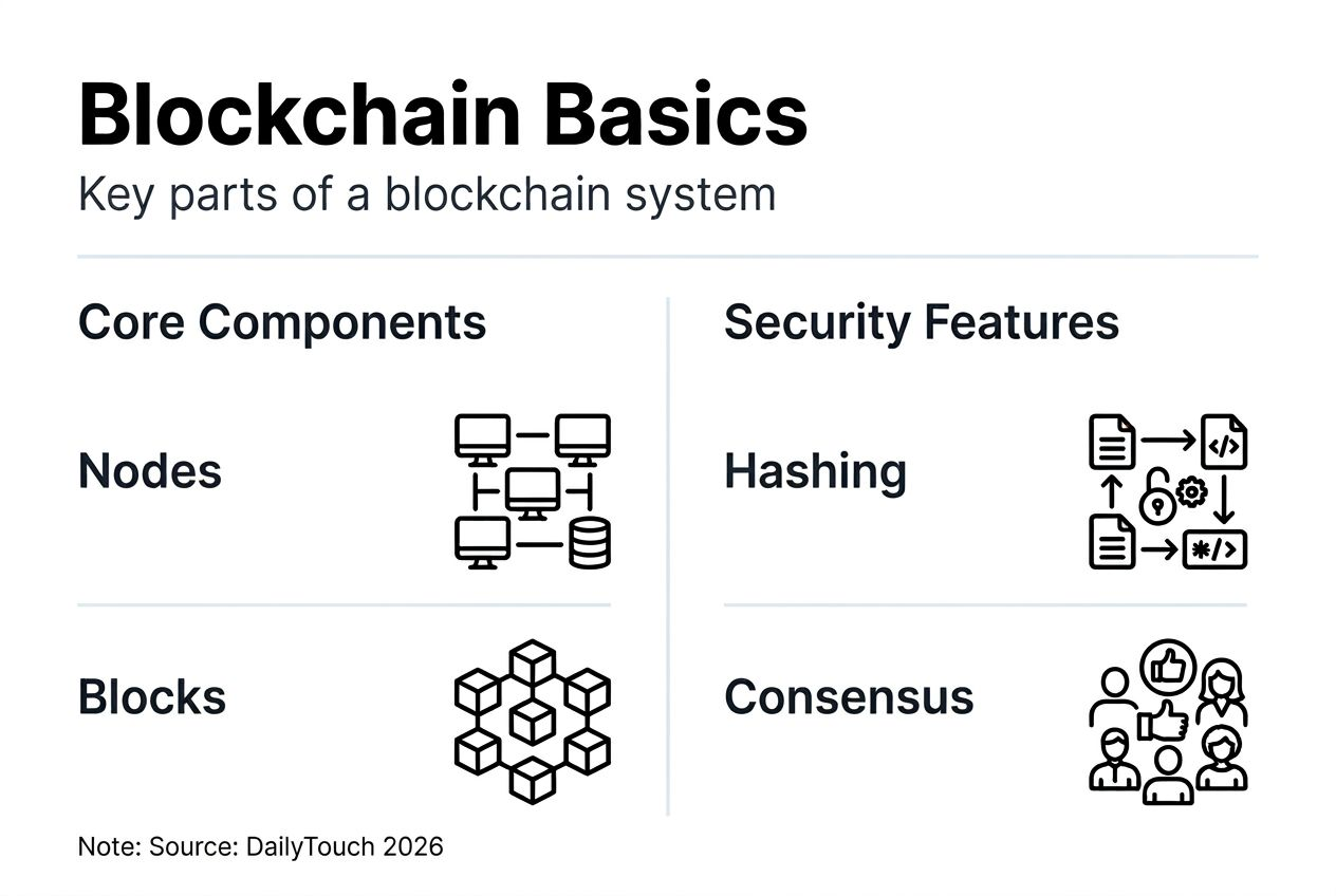 Blockchain explained for beginners: clear guide 2026 2 Infographic of blockchain core parts and security