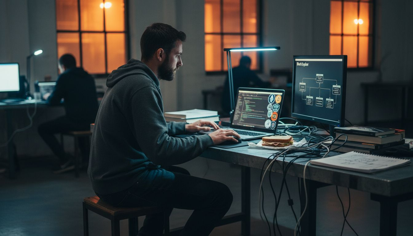 Blockchain vs traditional finance: differences in 2026 1 Blockchain developer working at laptop in coworking space