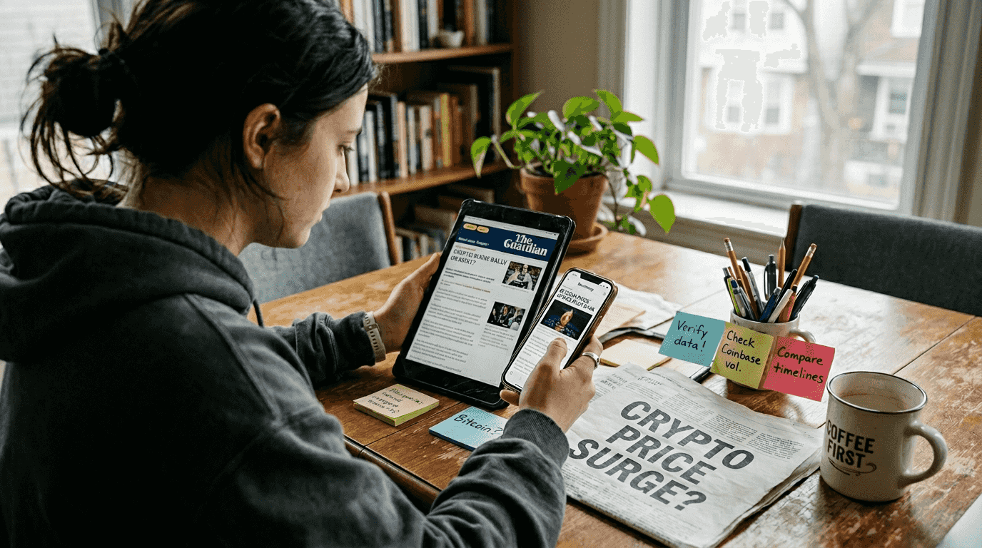 Young woman comparing crypto news sources