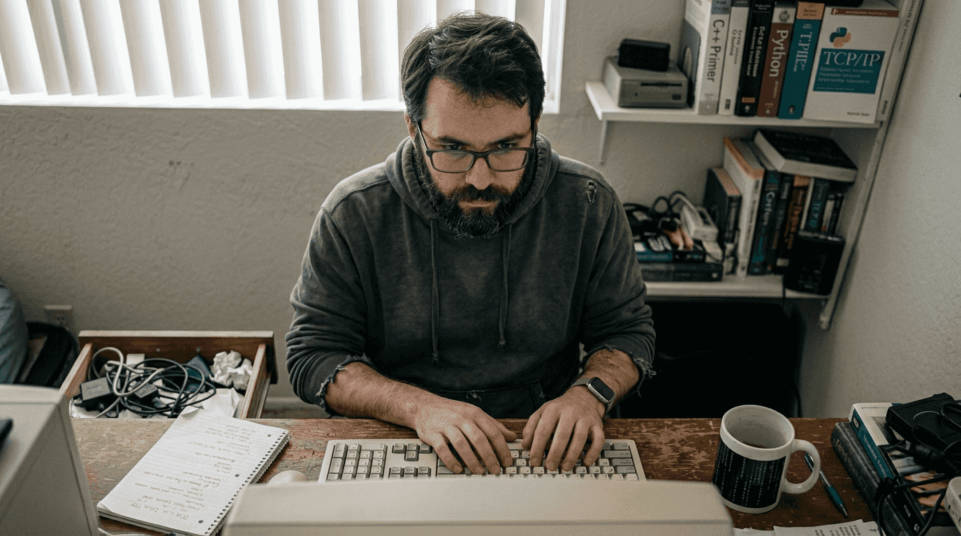 Engineer using old computer for bitcoin transaction