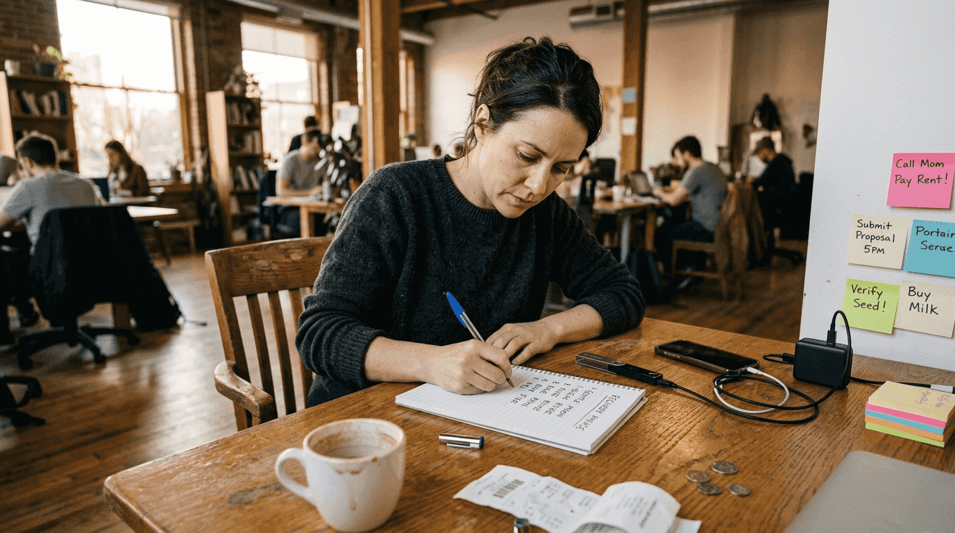 Woman writing down crypto recovery phrase