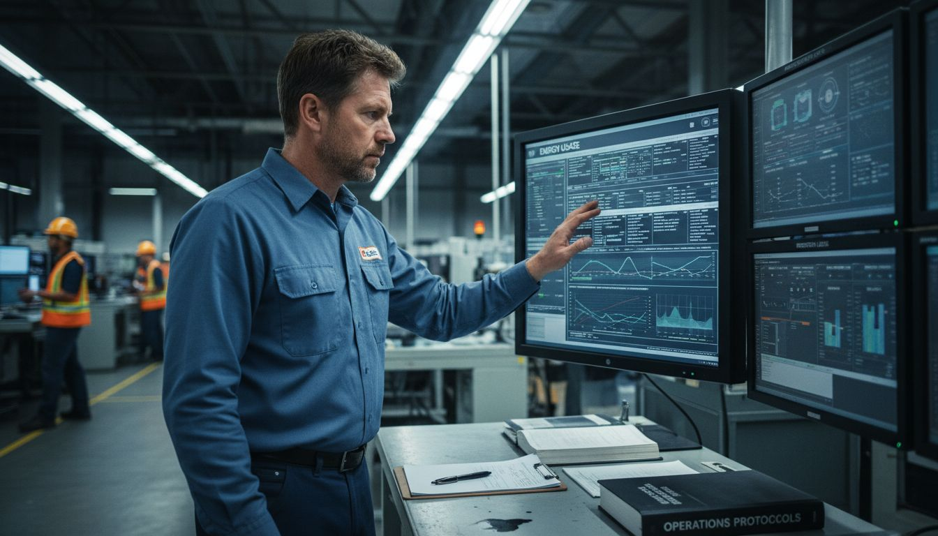 Factory manager checks energy usage dashboard