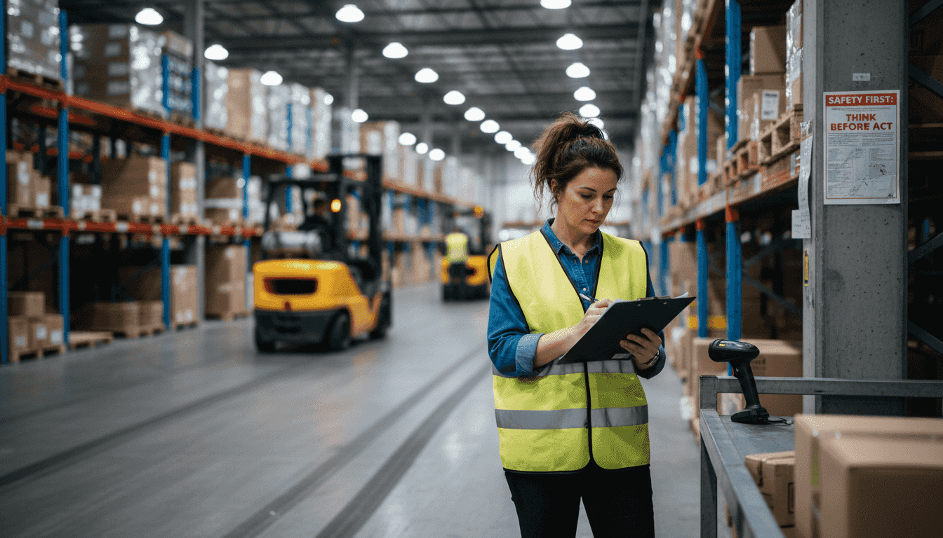 Warehouse supervisor inspects supply chain operations