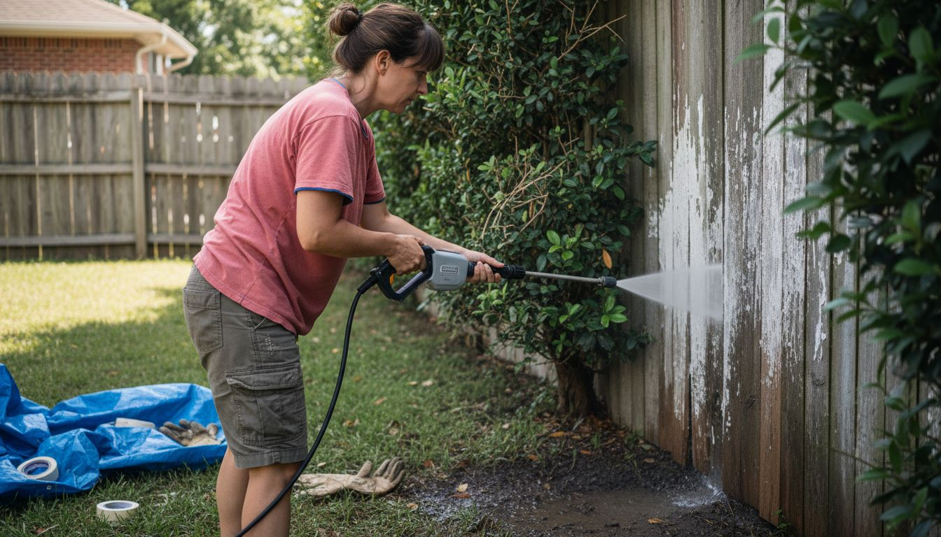 Testing pressure washing on hidden painted fence