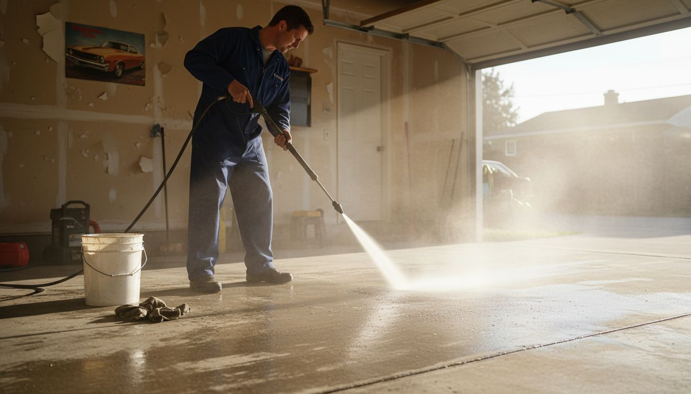 Professional power washing stained garage floor
