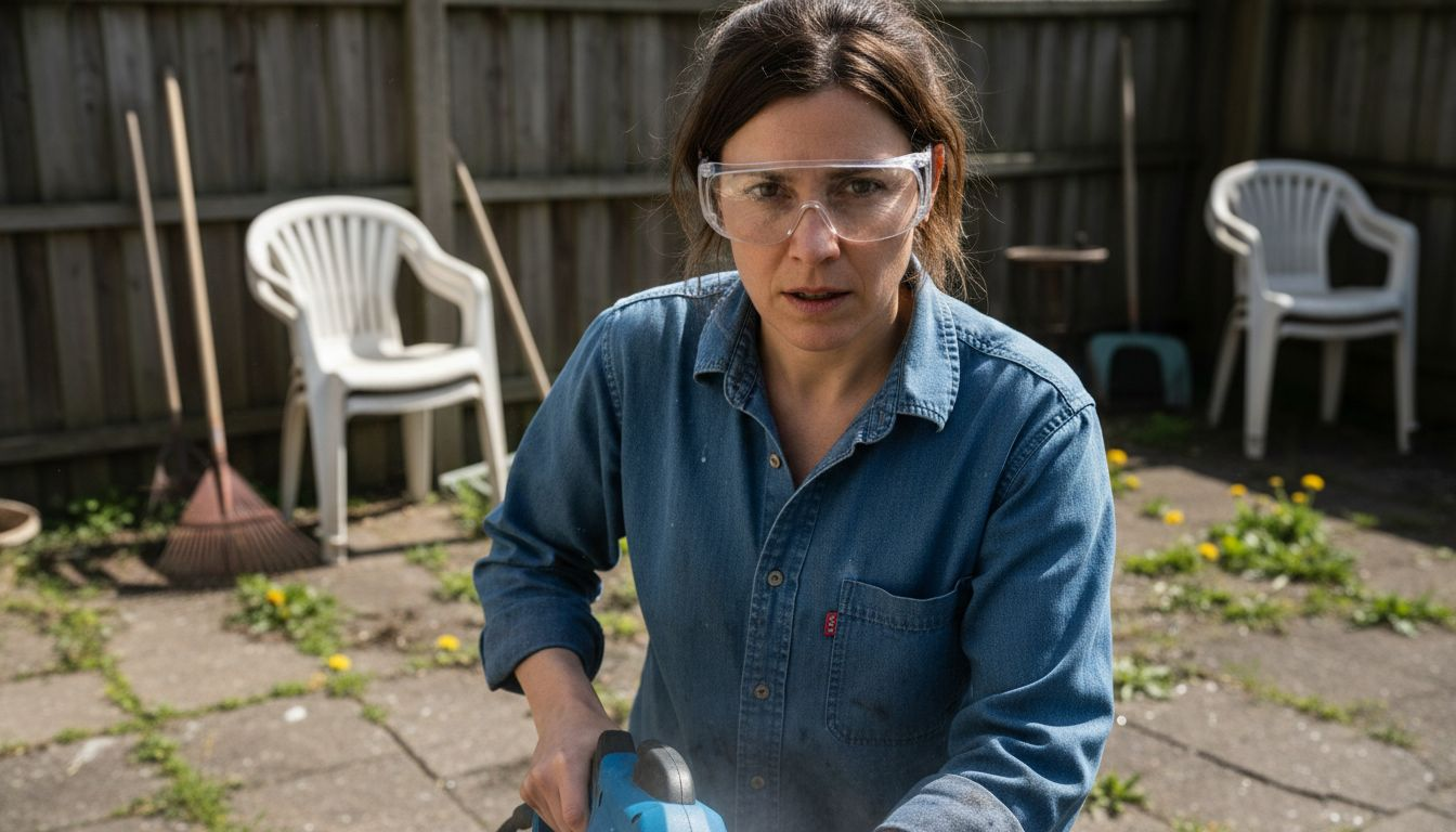 Woman using pressure washer wearing safety goggles