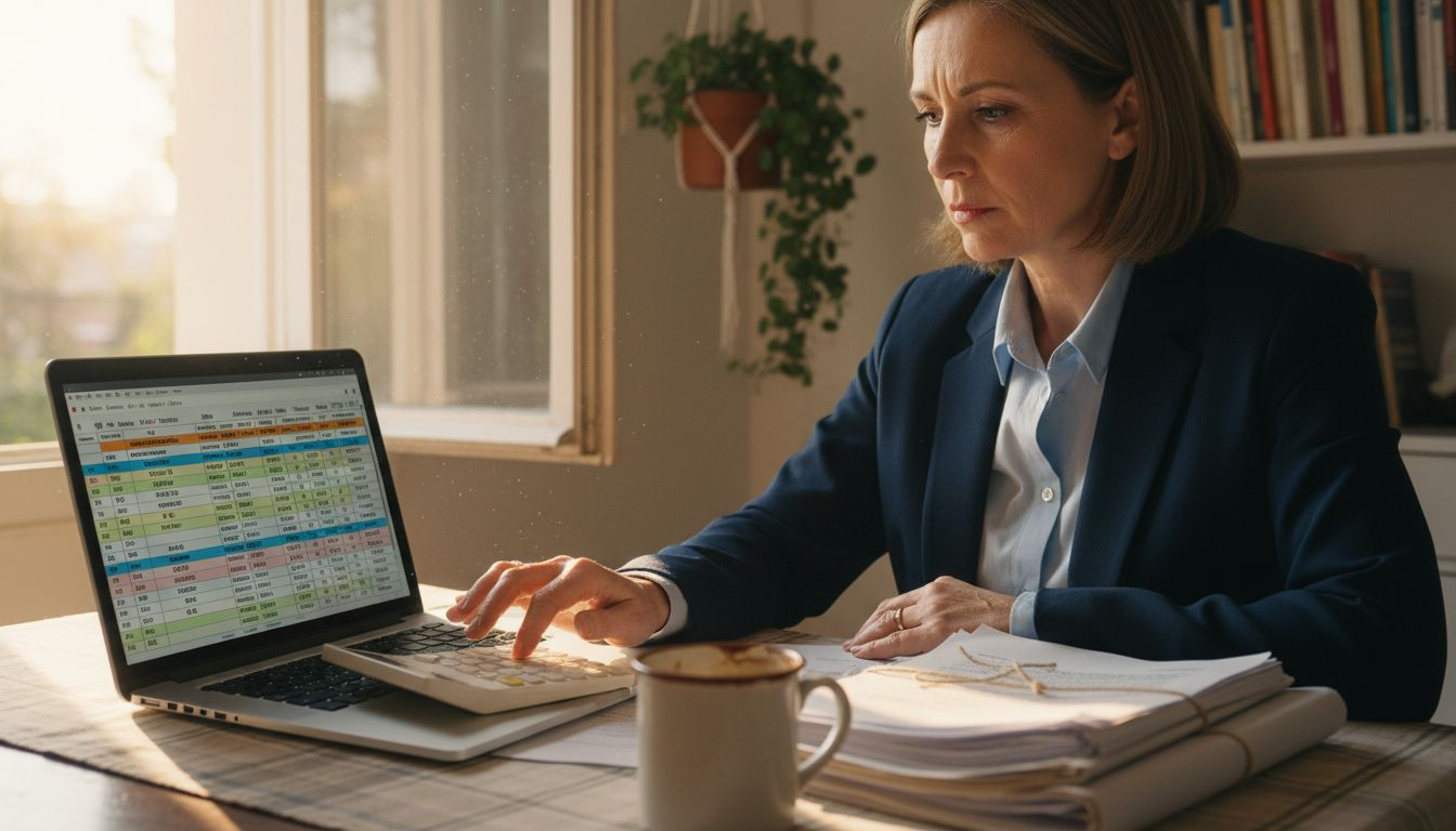 Woman calculating international property costs at table