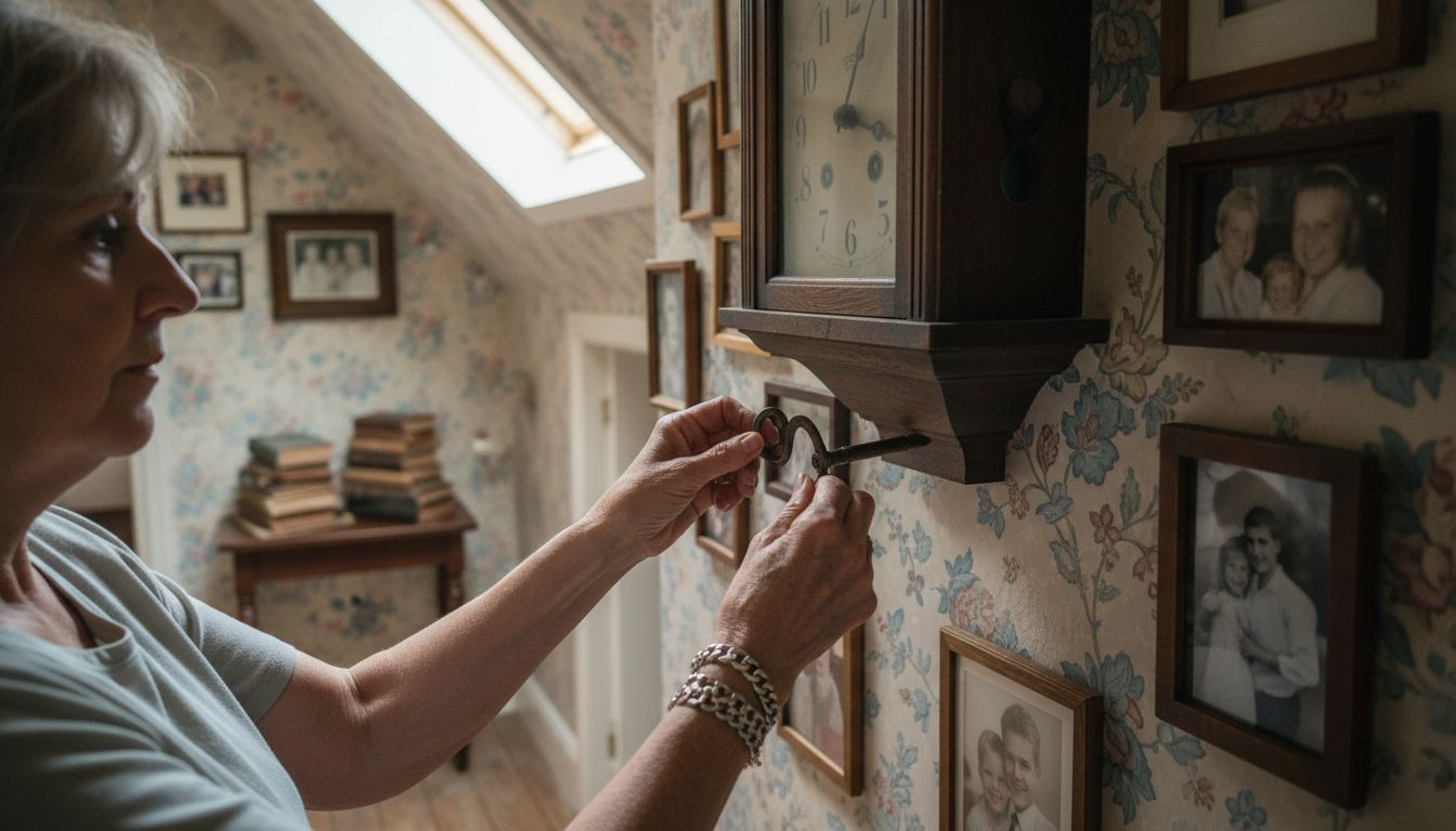 Woman winding vintage wall clock in hallway