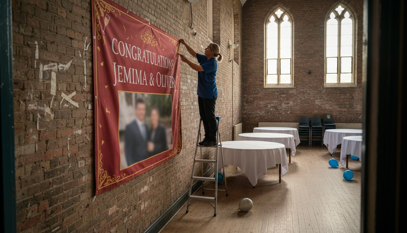 Event staff hanging banner in hall with ladder