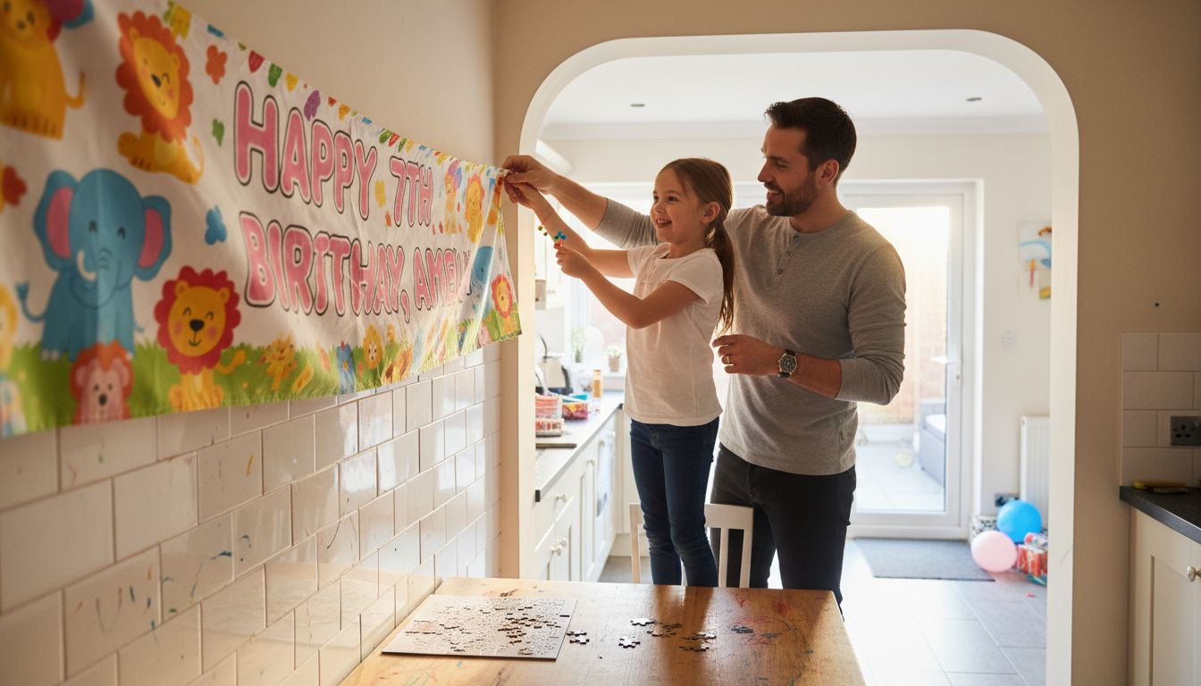Father and daughter hang colorful birthday banner