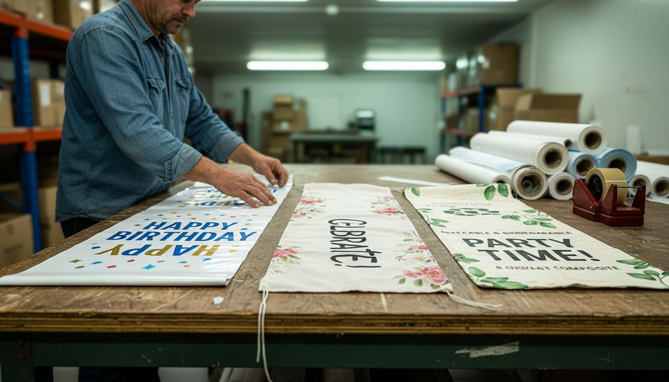 Various birthday banner materials on table