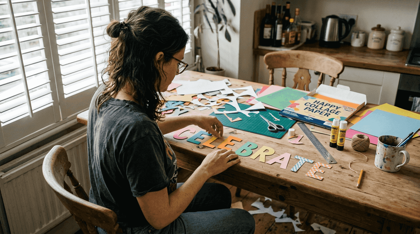 Designer choosing bright paper for banner