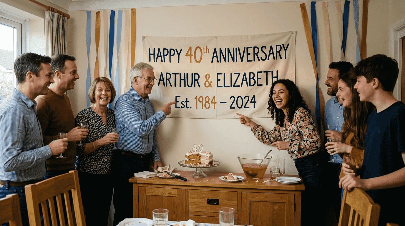 Guests admiring anniversary celebration banner