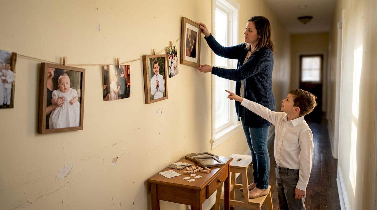 Parent and child arranging communion photo timeline