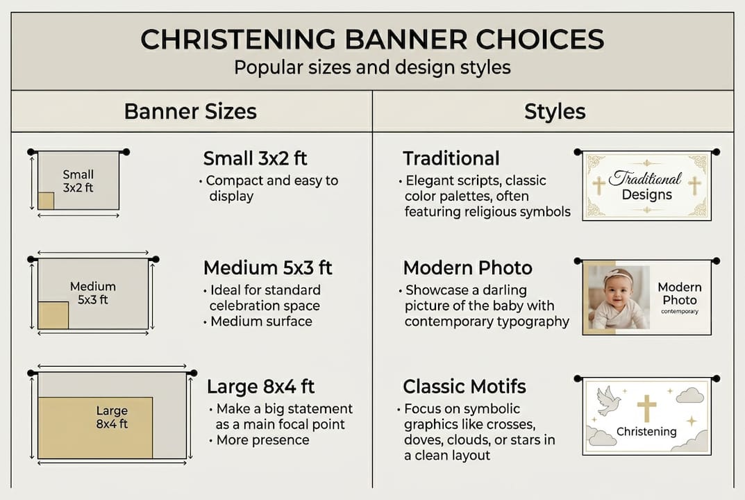 Infographic showing christening banner sizes and styles