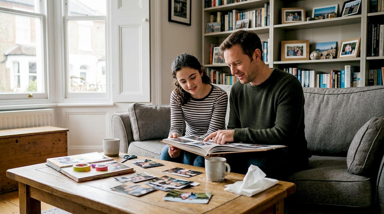 Family reviewing personalised photo album