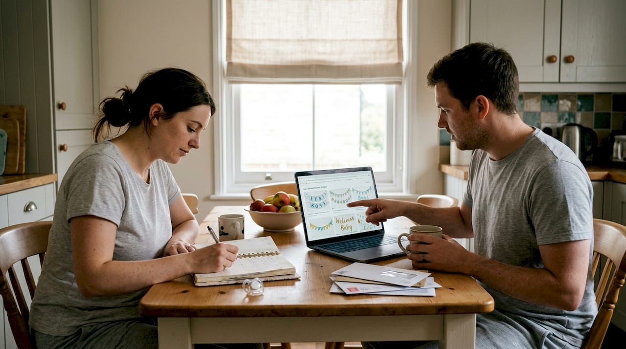 Couple reviewing baby shower banner designs together