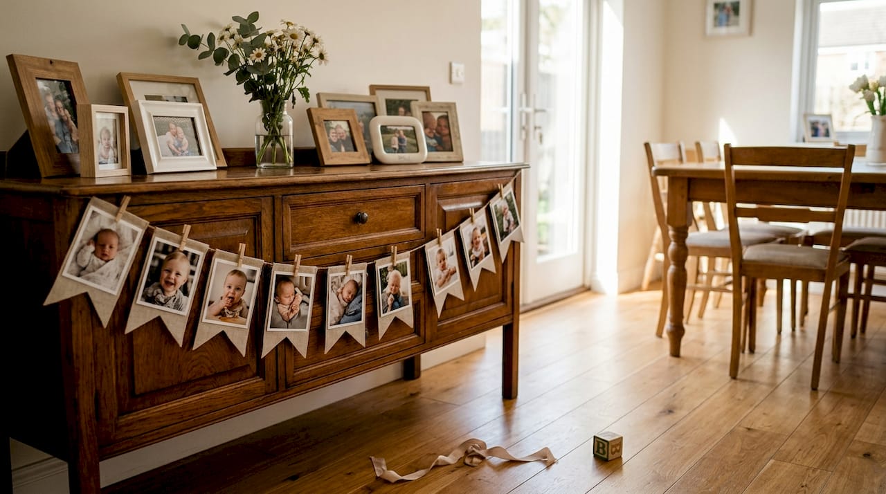 Twelve baby photos clipped to milestone banner