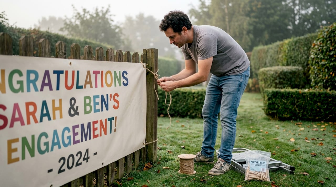 Man fastening event banner in backyard