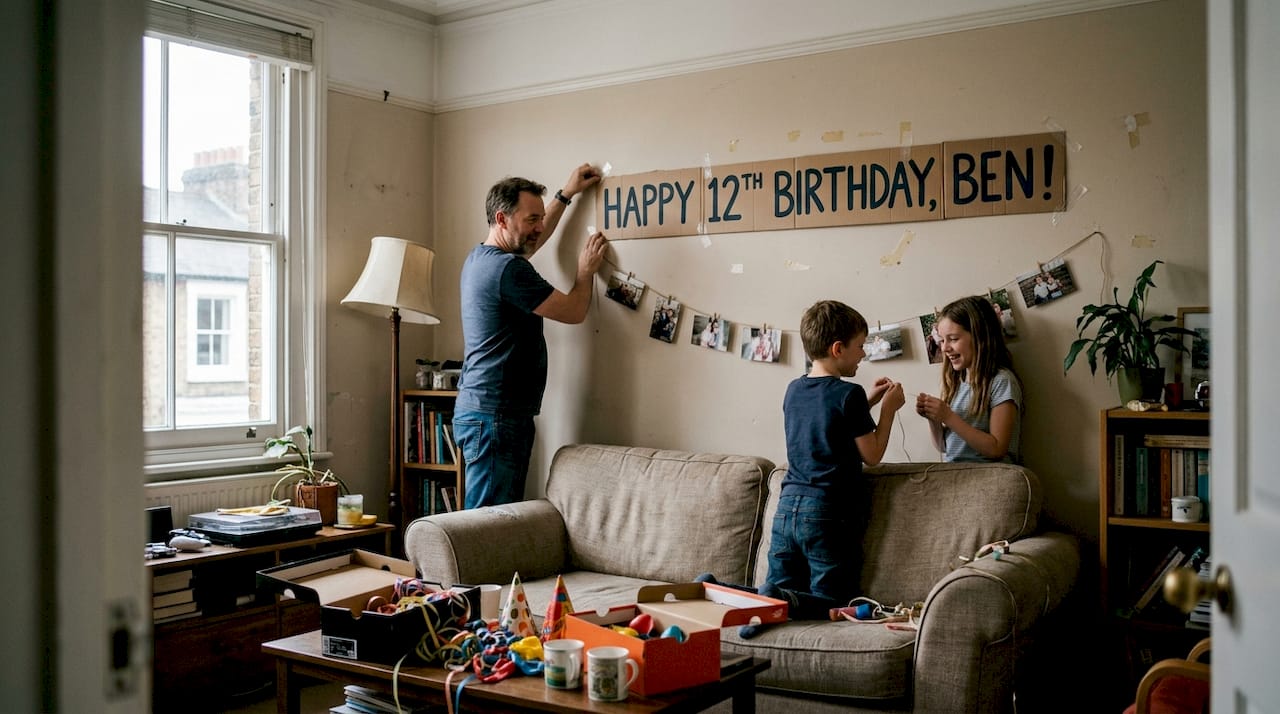 Family decorating with personalised banners and photos
