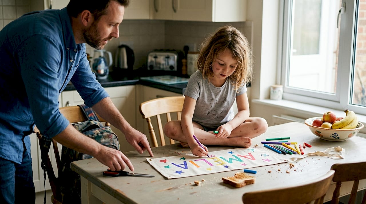 Child designing custom party banner with parent