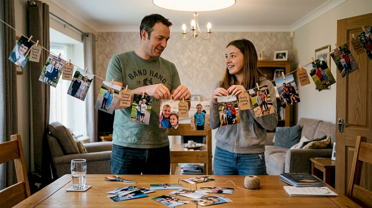 Family hanging graduation photo timeline banner