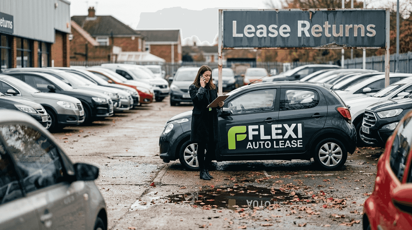 Woman returning leased car at dealership forecourt