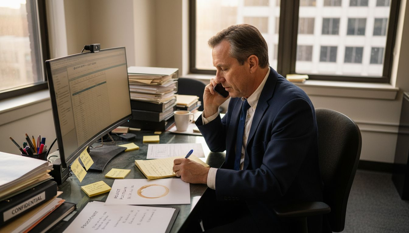 Man calling insurance agents in office
