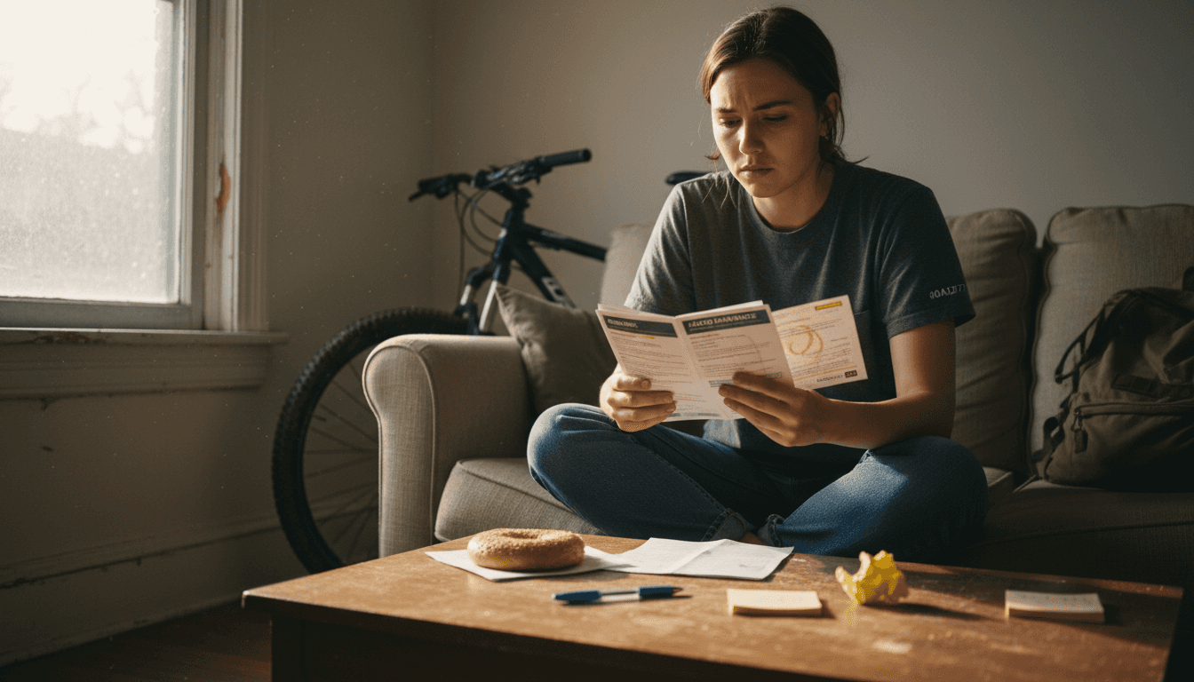 Student reading auto insurance pamphlets at home
