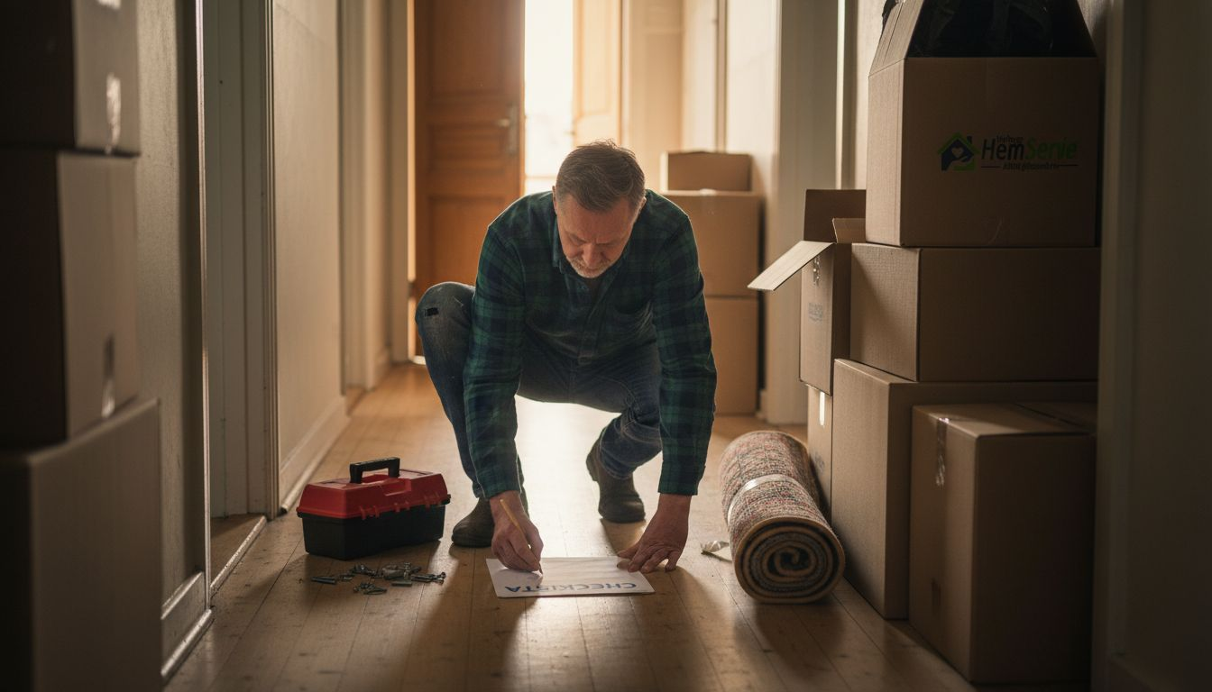 En person går igenom flyttstädningslistan i hallen.