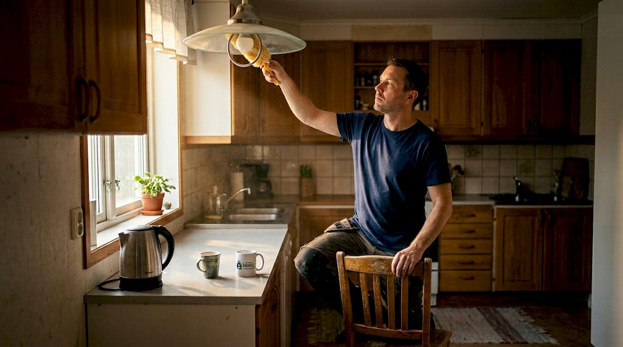 En man dammar av taklampan när han städar hemma.