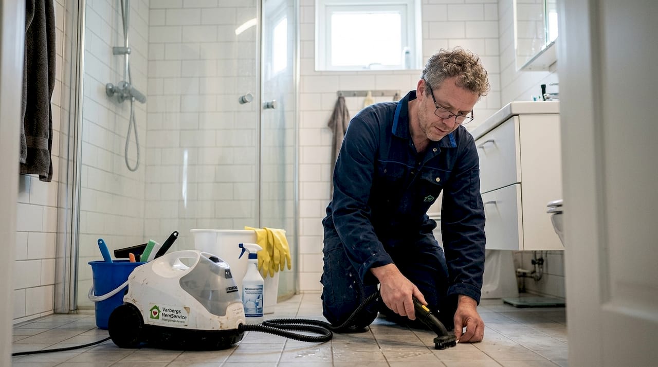 En städare rengör kakelfogarna med ångtvätt i ett ljust badrum.