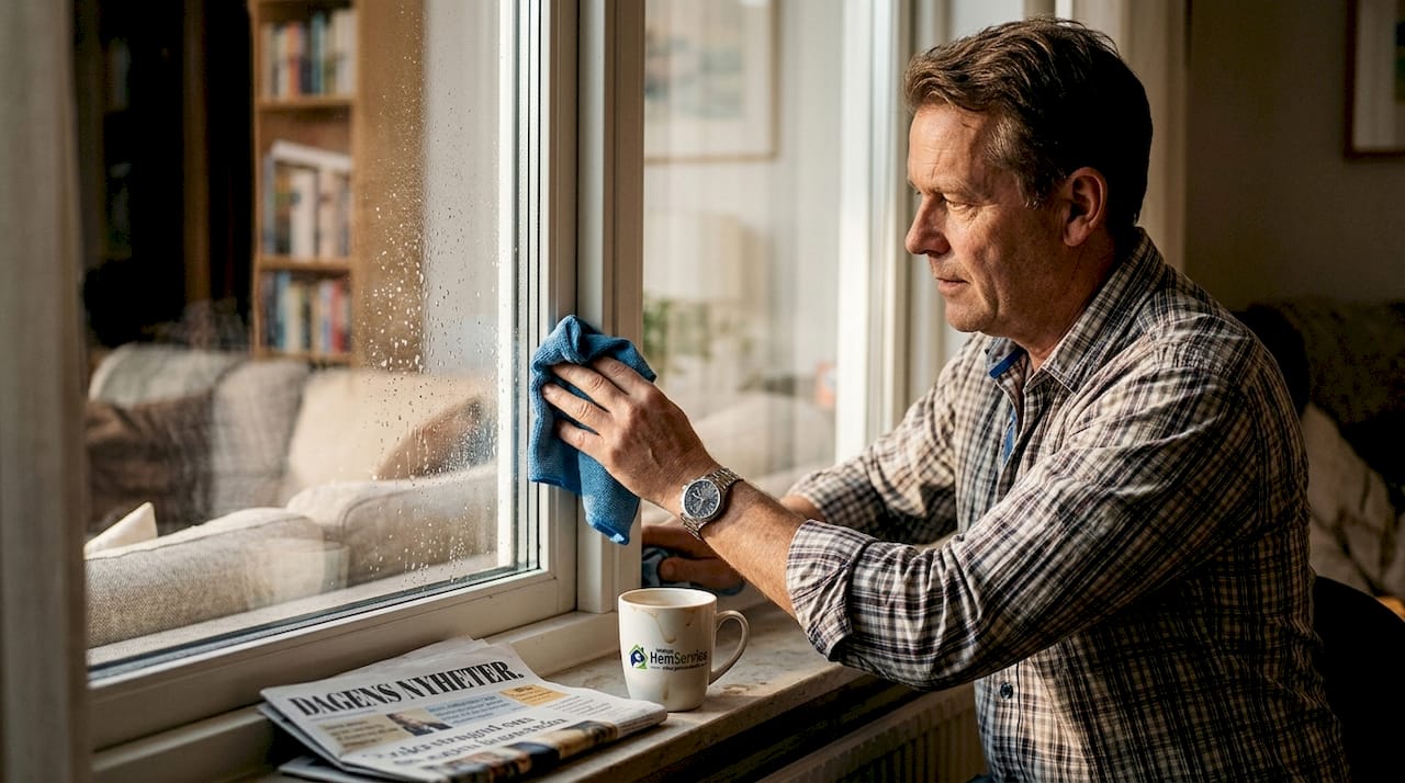 En man torkar noggrant av fönstrets hörn med en mikrofiberduk.