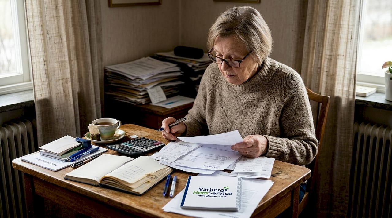 Kvinna går igenom sina räkningar vid skrivbordet hemma