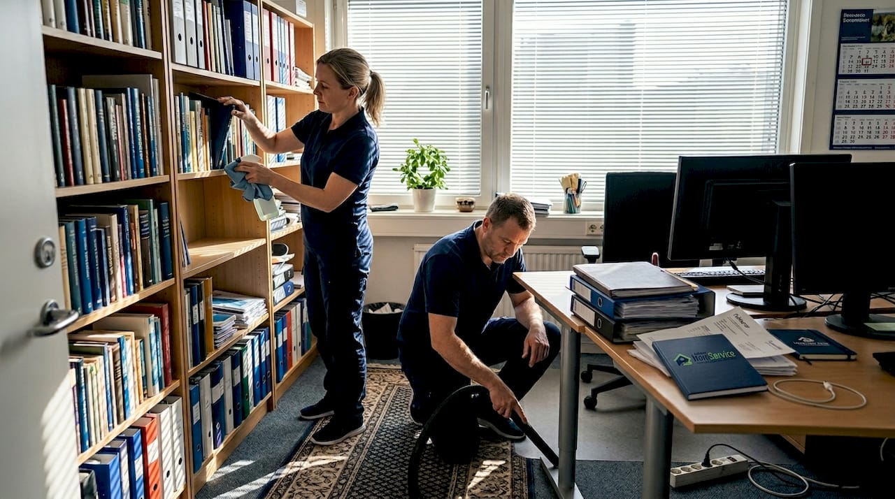 Städpersonalen ser till att det är rent och snyggt på det lilla kontoret i Varberg.