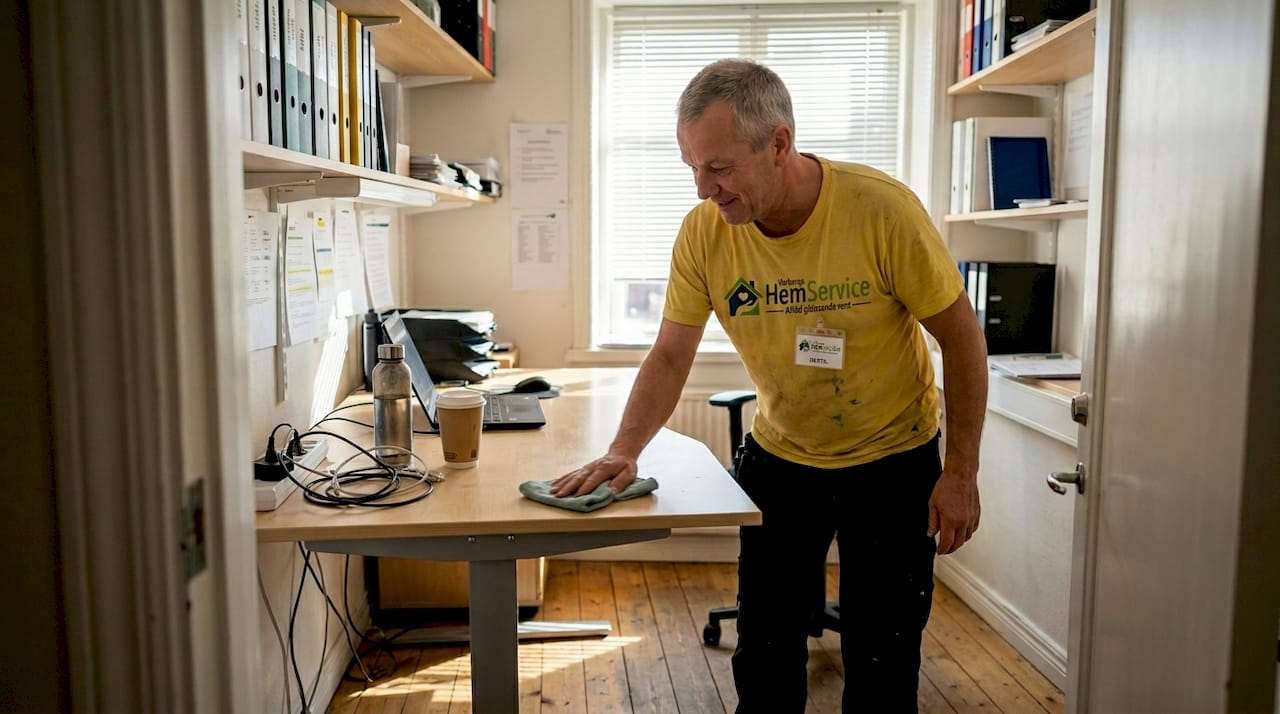 Städpersonalen ser till att skrivborden på kontoret hålls rena och snygga.