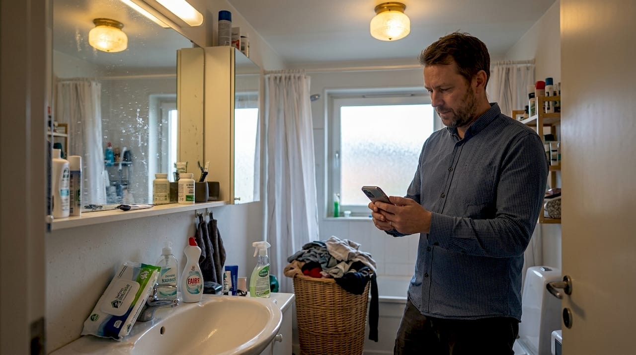 Man tar en bild på en smutsig yta i badrummet.