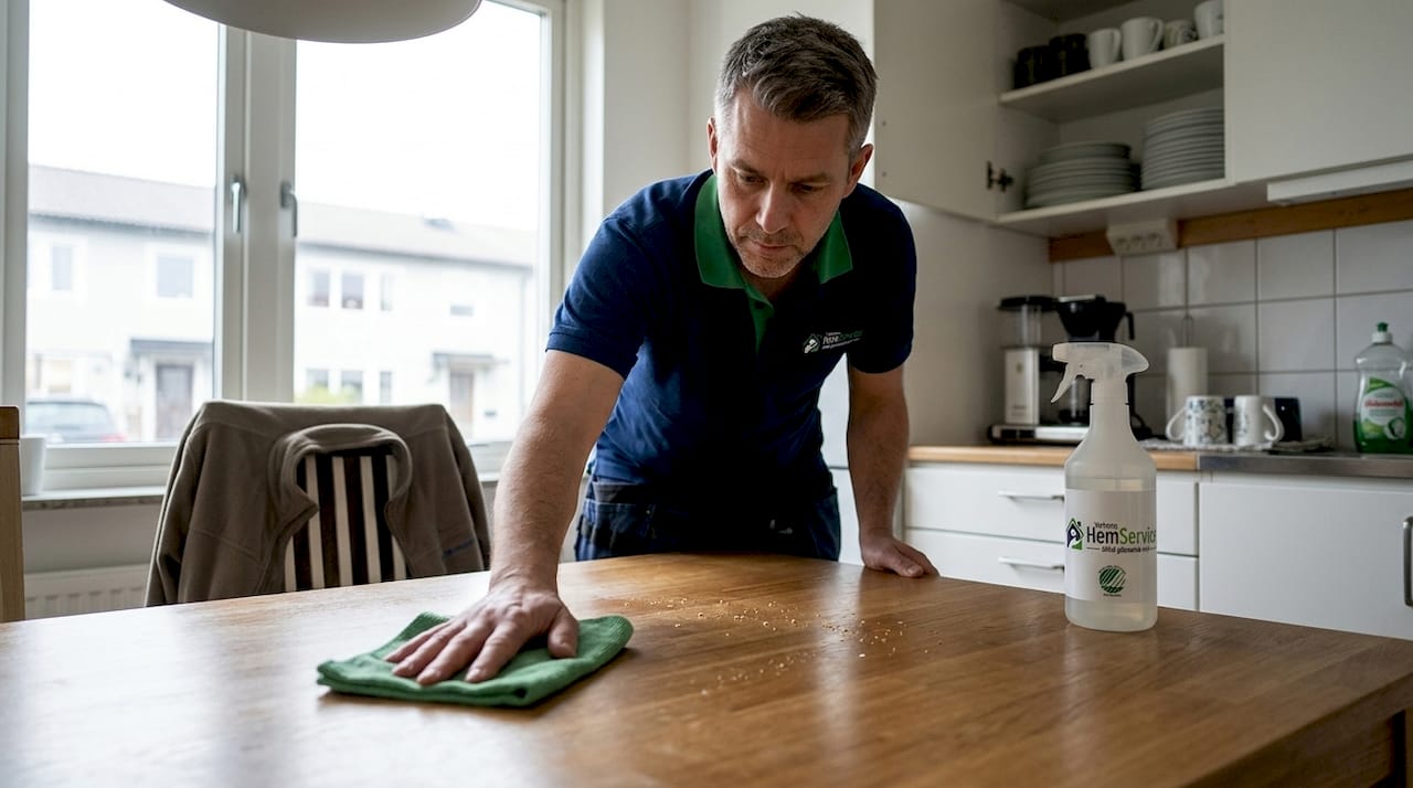 Personalet rengör borden med miljövänliga rengöringsmedel.