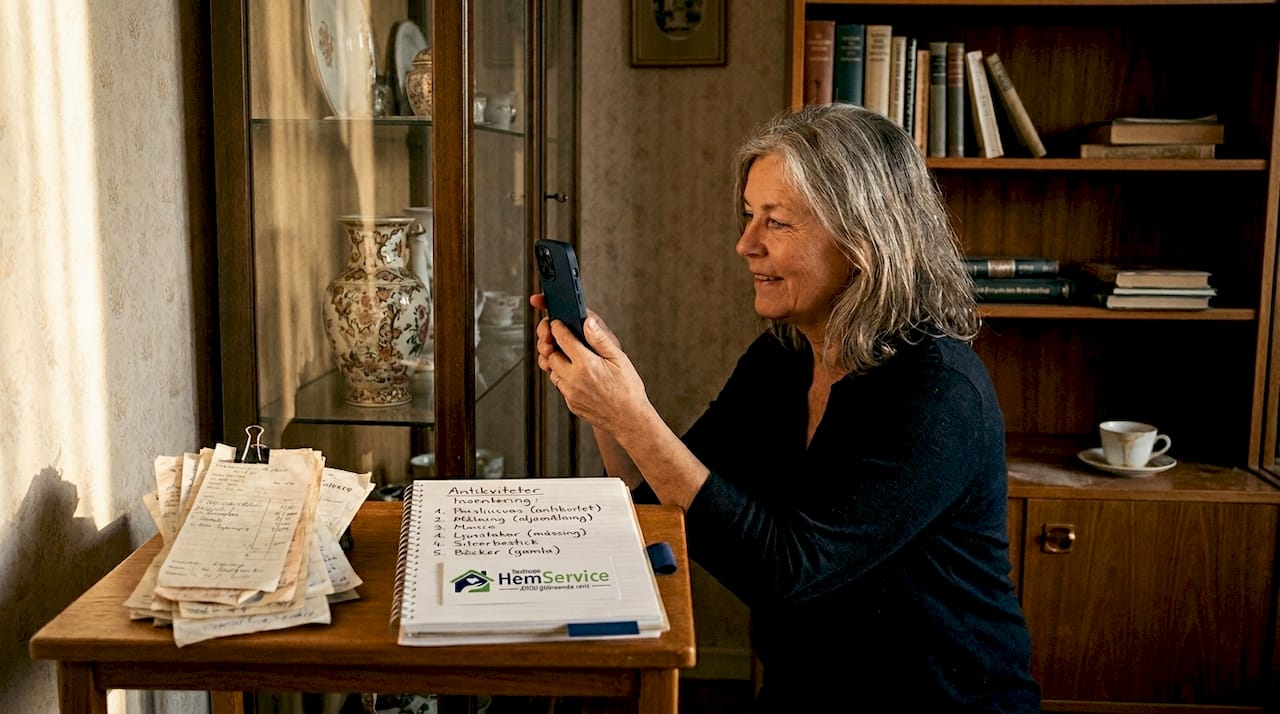 Kvinna tar bild på vasen och skriver upp försäljningen i sina anteckningar.