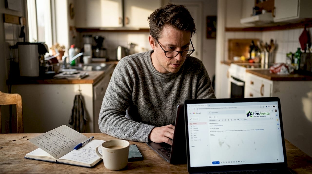 Kunden bekräftar sin bokning hemma vid köksbordet.