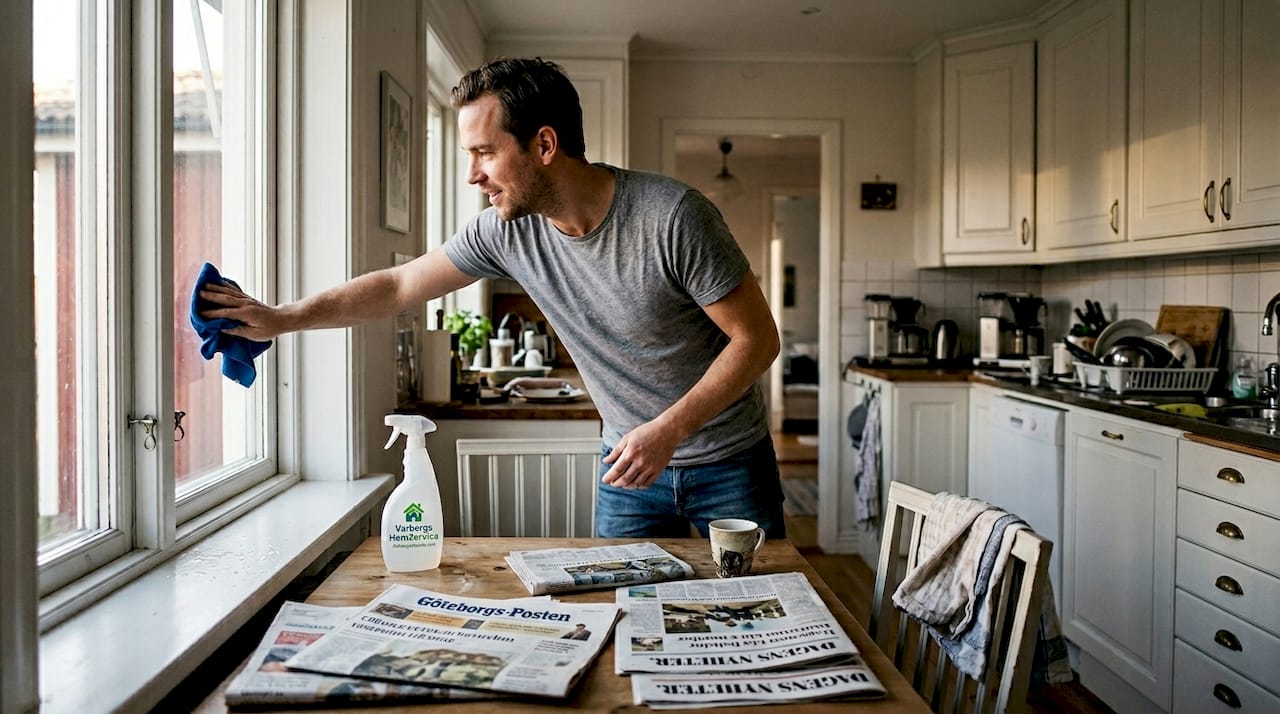 Nu är det dags att torka av fönsterkarmen i köket.
