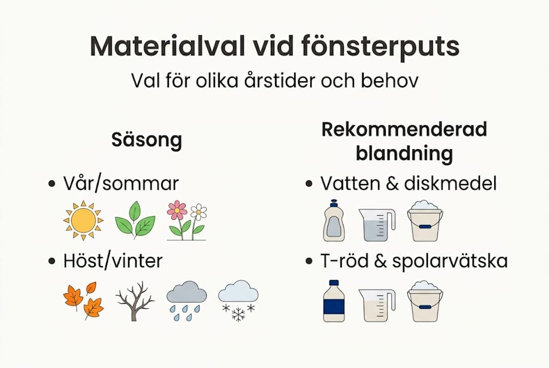 Grafisk översikt över materialval och bästa tidpunkter för fönsterputsning under året