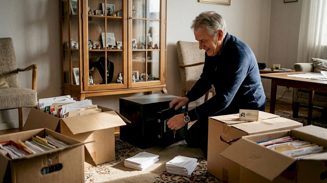 Man går igenom dödsboets tillgångar hemma och öppnar kassaskåpet för att se vad som finns där.