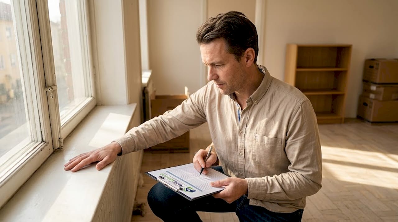 Man går igenom vardagsrummet för att se så allt blivit ordentligt städat.